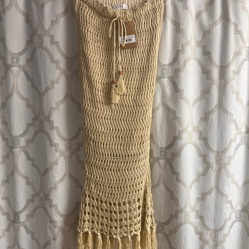 MARBLE Tan Maxi Skirt with Smocked Tie Front for Casual Resort Wear